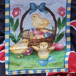 Spring Chicks in Easter Egg Basket Woven Fabric Table Runner, Approx. 71" EUC